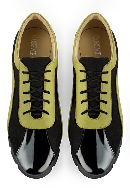 Gloss black and pistachio green women's two-tone elegant sneakers. Round toe. Flat rubber soles. Top view - Florence KOOIJMAN